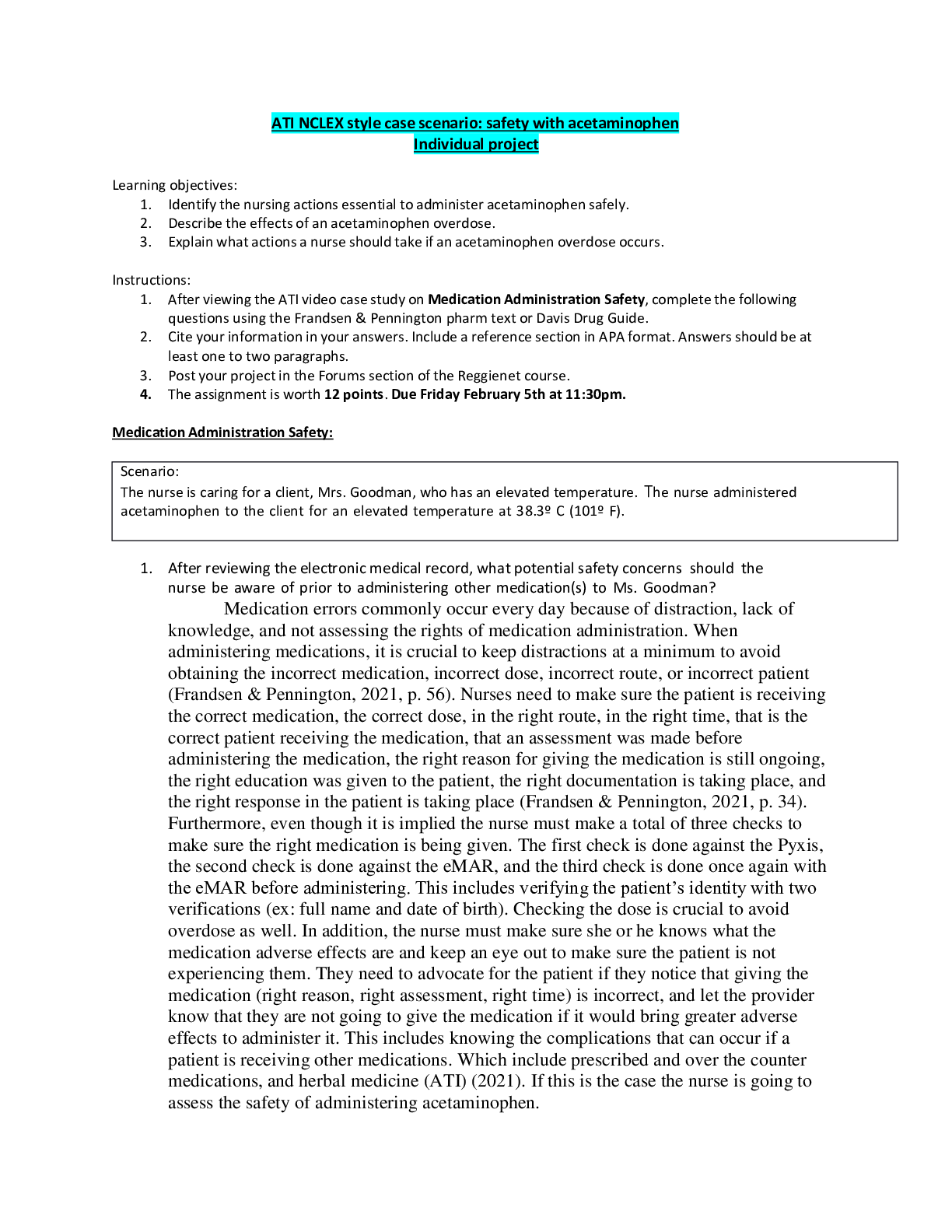 Preview image for ATI NCLEX style case scenario: safety with acetaminophen Individual project(ASSUERED A) <100% CORRECT> GRADED A+ | LATEST SOLUTIONS |